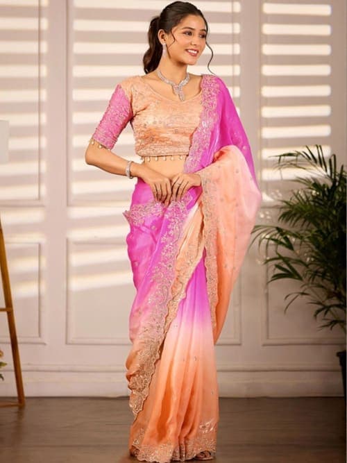 Peach Ombre Fendi Satin Embroidered Saree with Stitched Net Back Blouse