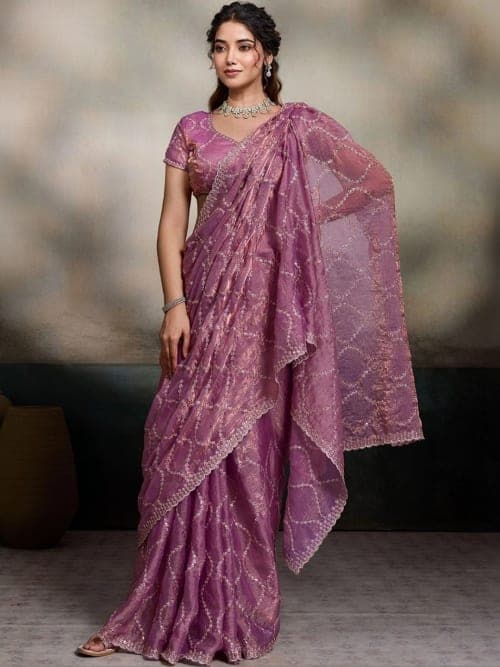 Purple Floral Embroidered Saree with Embroidered Border