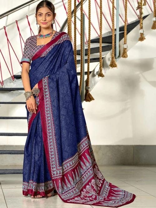 Navy Blue Saree with Printed Border