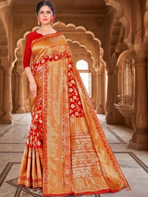 Classic Red Banarasi Woven Design Saree with Zari Detail