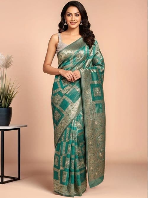 Teal chanderi Woven design saree with woven design border