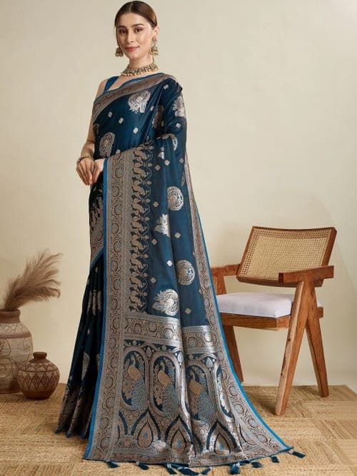 Teal Kanjeevaram Semi Silk Woven Saree with Zari Border