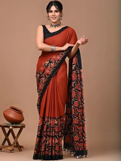 Red ikat Floral printed saree with printed border