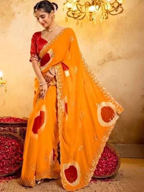Orange Bandhani Georgette Saree with Embroidered Border