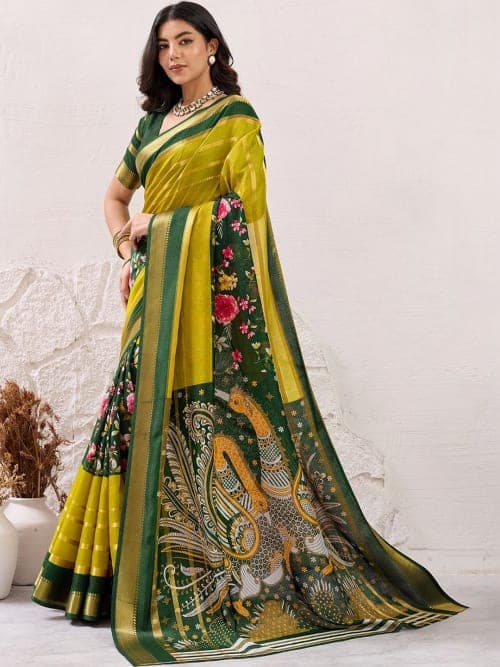Multicoloured banarasi Floral printed saree with zari border