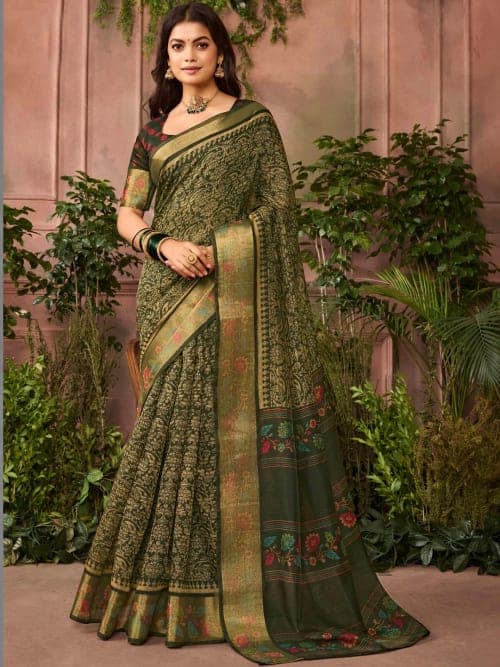 Olive Green Paisley Print Silk Blend Saree with Zari Woven Border