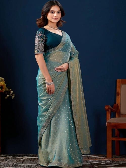 Teal Narayan Peth Embellished Saree with Embroidered Border