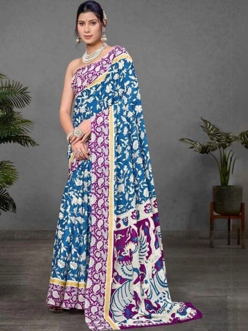 Blue Kalamkari Print Saree with Zari Border