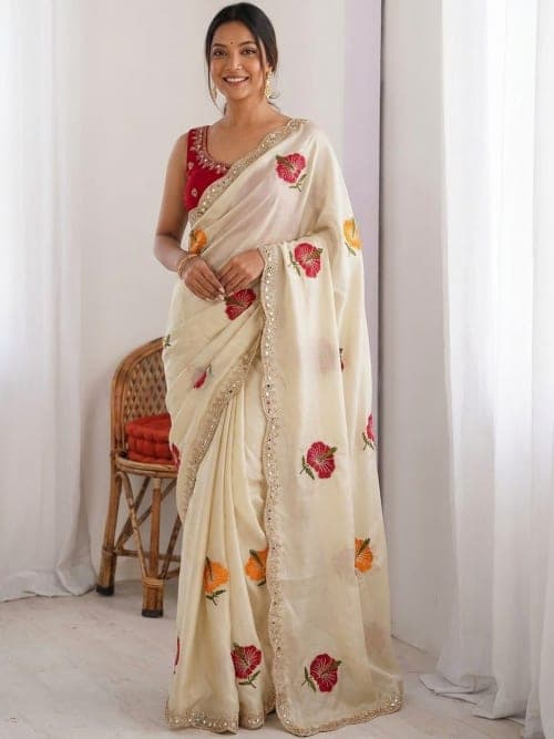 Cream Floral Embroidered saree with Zari Border
