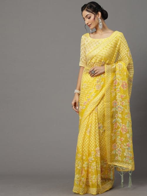 Yellow Floral printed saree with printed border