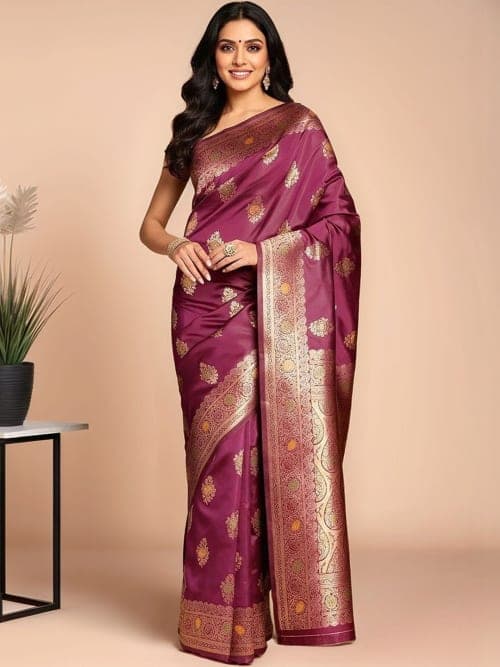 Purple and yellow banarasi Ethnic motifs woven design saree with zari border