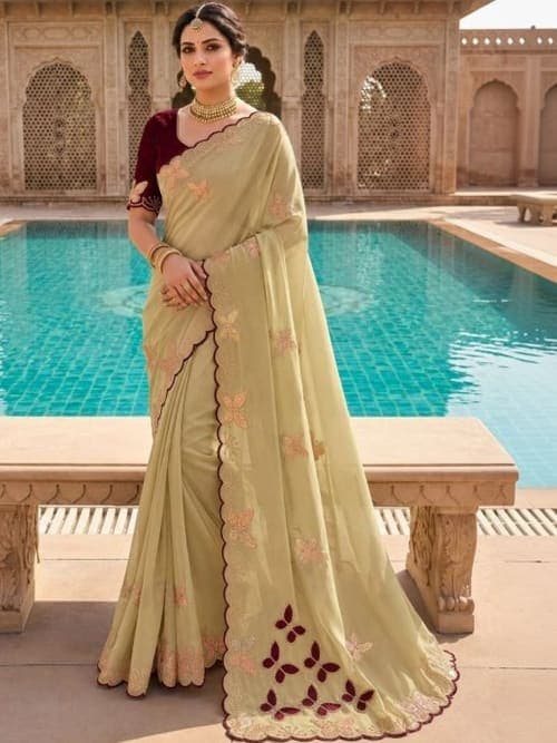 Beige Ethnic Motifs Embroidered Silk Lycra Saree