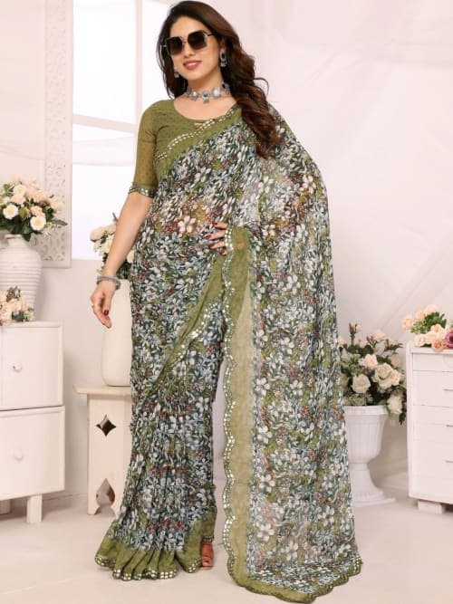 Olive Green Floral Print Saree with Mirror Work Embellished Border