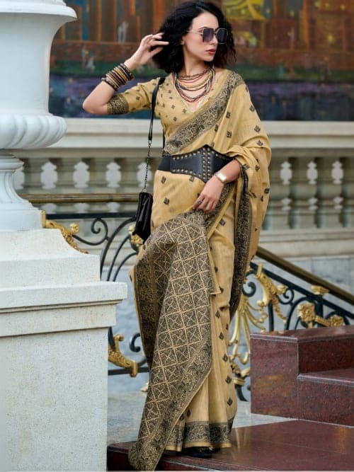 Beige Bhagalpuri Solid Saree with Zari Woven Border