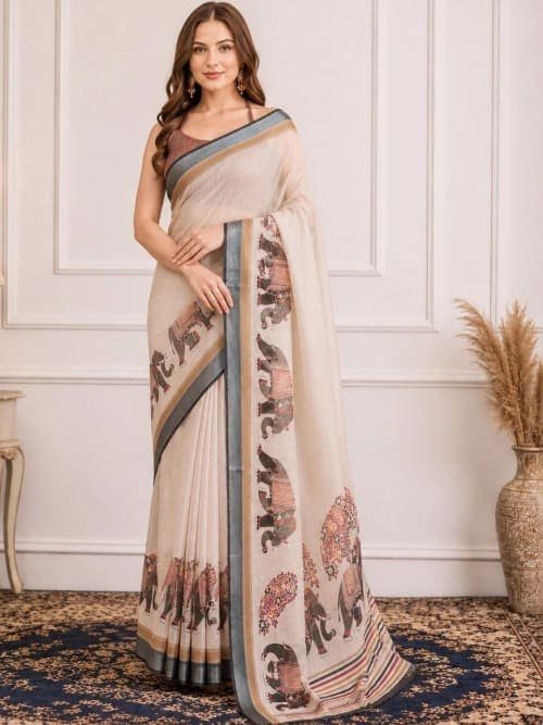 Off White Linen Cotton Block Print Saree with Zari Border