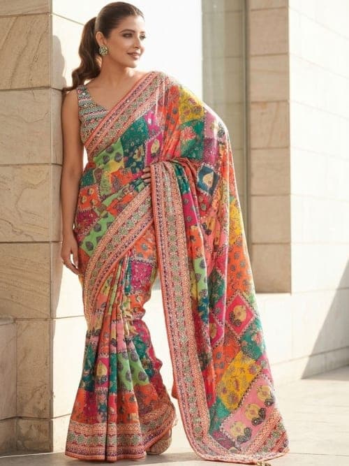Green Ethnic Motifs Printed saree with Embellished Border