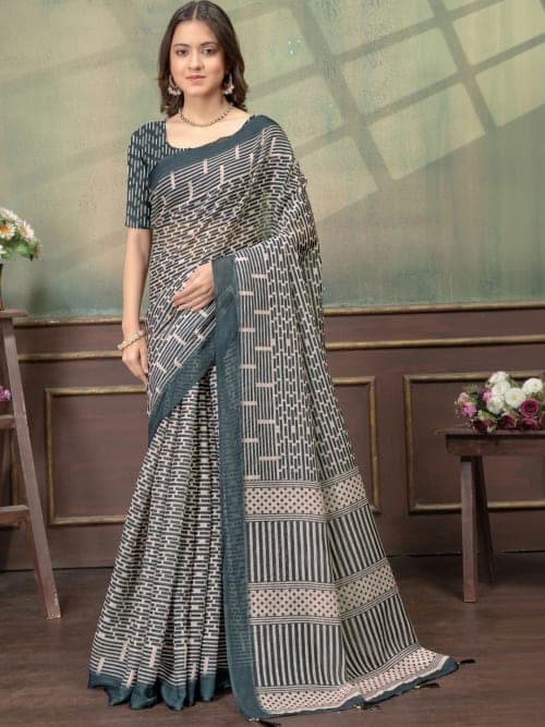 Grey and Beige Geometric Printed saree with Solid Border