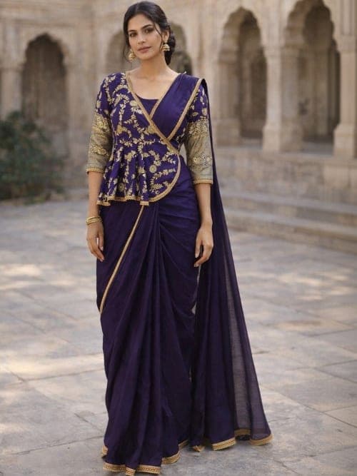 Purple and gold Solid saree with embellished border