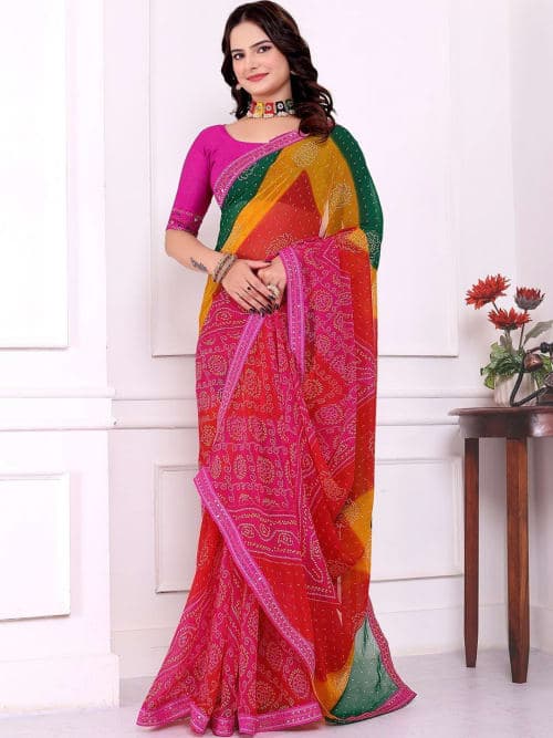 Multicoloured Bandhani Print Saree with Embellished Border