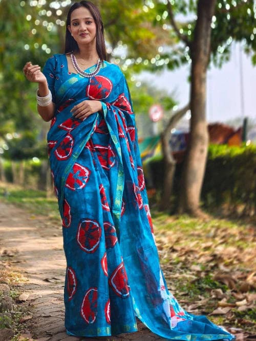 Blue Tie & Dye Print Saree with Woven Border