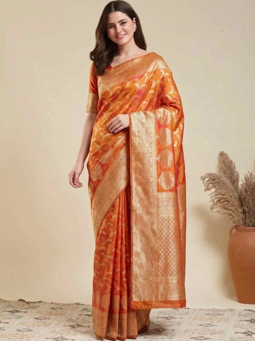 Orange & Gold-Toned Banarasi Woven Saree with Zari Details