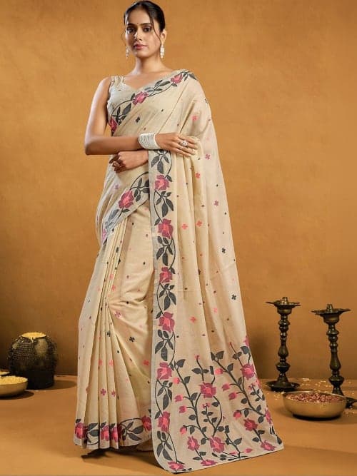 Beige Floral Woven Design saree with Woven Design Border