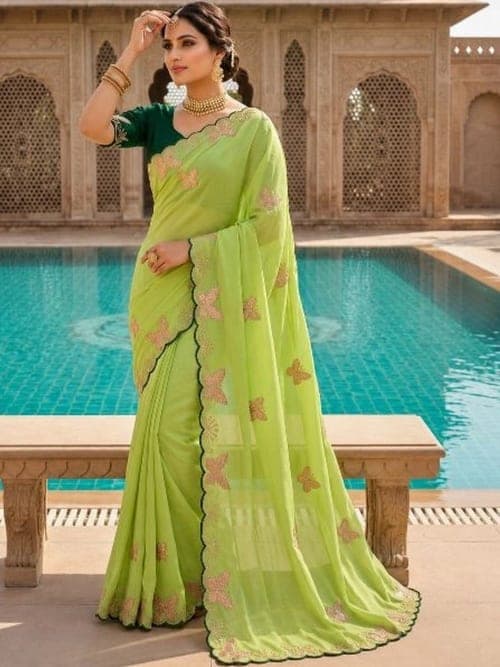 Lime Green Floral Embroidered Silk Lycra Saree with Woven Border