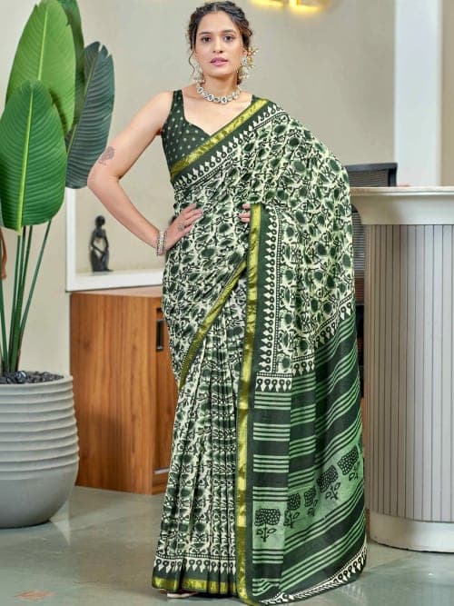 Green Block Print Abstract Saree with Woven Design Border
