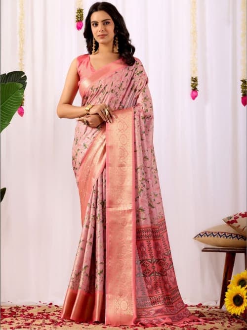 Pink Floral printed saree with woven design border