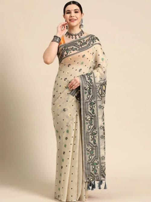 Off White Kanjeevaram Abstract Print Saree with Woven Border