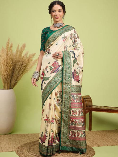 Cream-coloured and green banarasi Ethnic motifs printed saree with woven design border