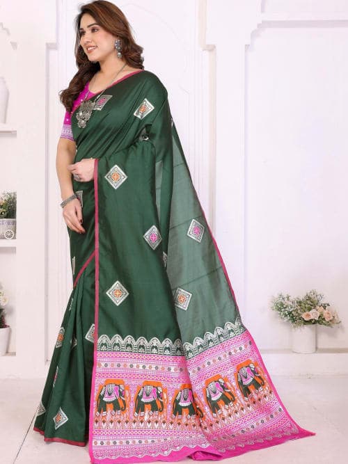 Green Banarasi Woven Saree with Zari Detail & Border