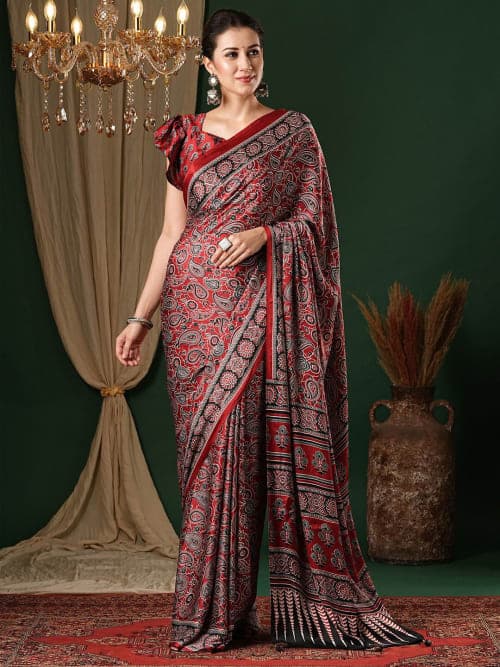 Maroon and grey Ethnic Motifs Pure Crepe Saree