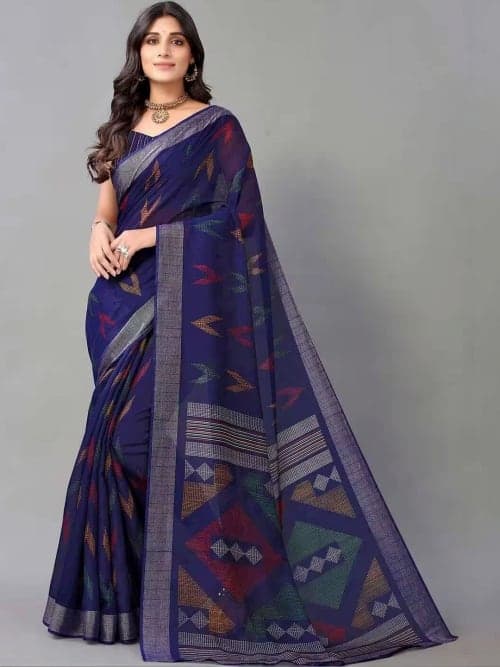 Navy Blue Kalamkari Print Saree with Woven Border