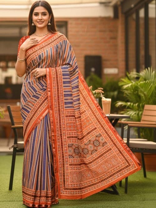 Multicoloured Ethnic Motifs Printed saree with Printed Border