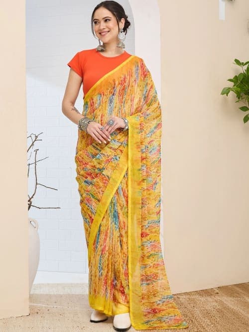 Yellow Abstract Printed saree with Woven Design Border