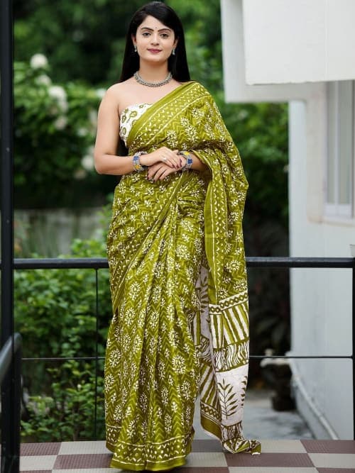 Olive Green Block Print Floral Saree with Printed Border