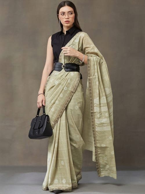 Olive Green Checked saree with Woven Design Border