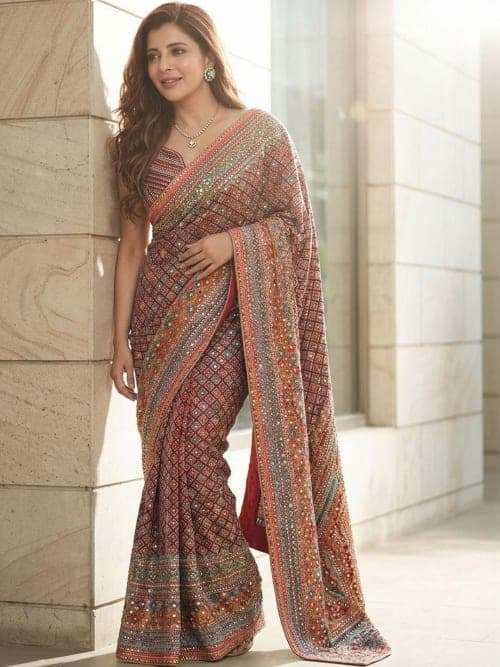 Maroon Pure Chiffon Embellished Saree with Mirror Work