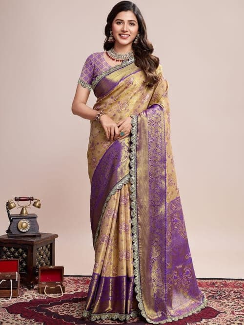Multicoloured Kanjeevaram Saree with Ethnic Motifs & Zari Border