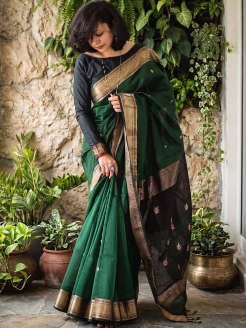 Green Banarasi Woven Solid Saree with Zari Border
