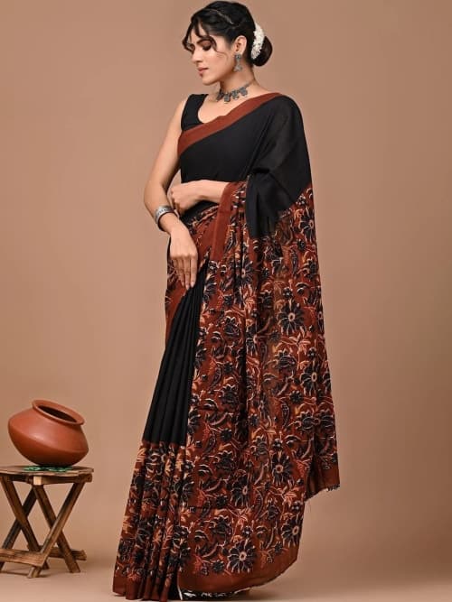 Black Block Print Saree with Floral Print & Woven Border