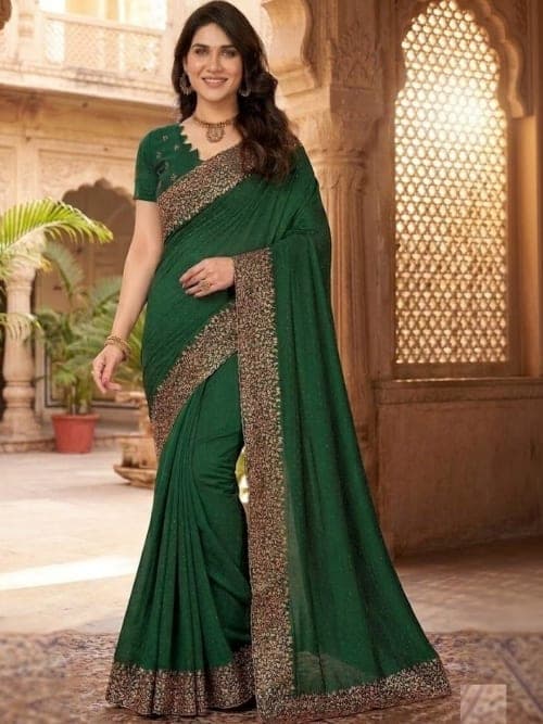Green Bollywood Silk Blend Embellished Saree with Embroidered Border