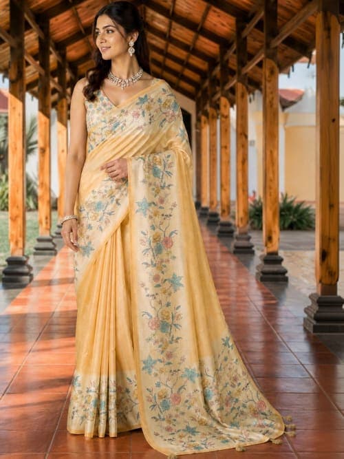 Mustard Silk Blend Printed Saree with Floral Embroidery
