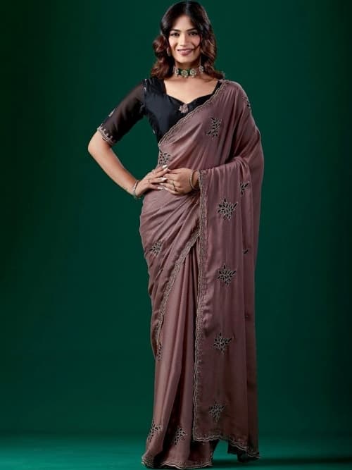 Brown Chanderi Saree with Floral Embroidery & Embroidered Border
