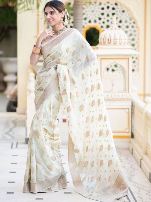 Off White Banarasi Silk Blend Saree with Ethnic Motifs & Zari Border