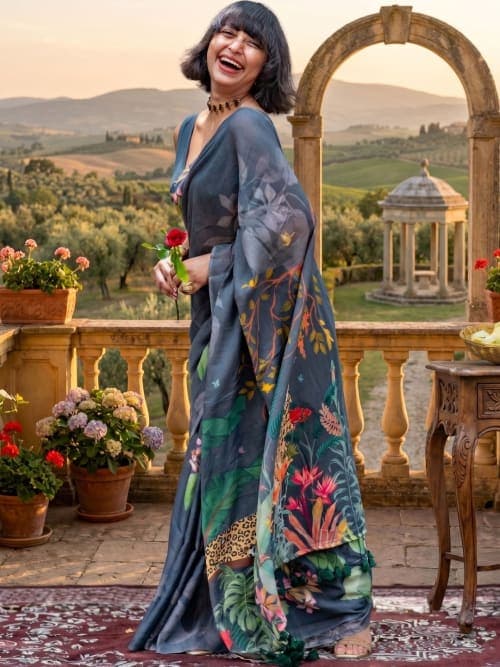 Blue & Multicoloured Floral Print Saree with Zari & Printed Border