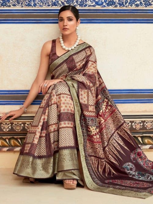 Brown Abstract Printed saree with Woven Design Border