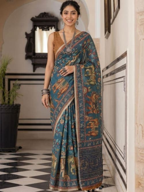 Teal Block Print Saree with Ethnic Motifs & Printed Border