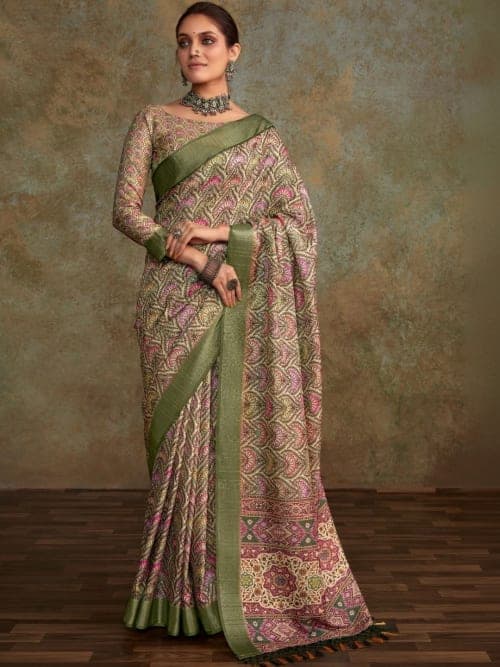 Off White Patola Saree with Paisley Print & Zari Woven Border | Includes Unstitched Blouse
